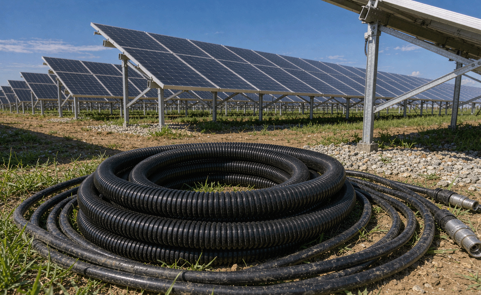 Black plastic corrugated conduit coil on the ground beside exposed unprotected solar DC cables at a PV plant, showing the cable-management problem