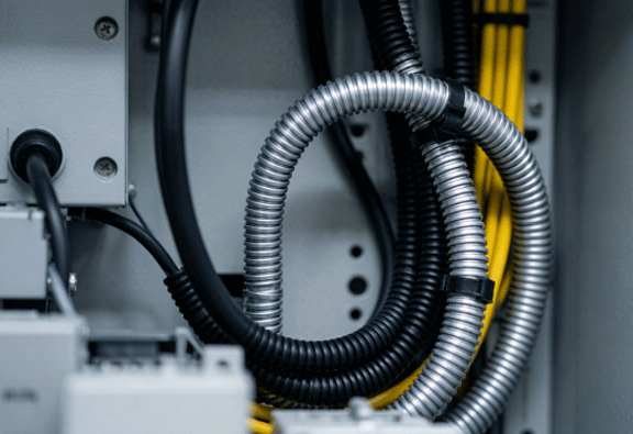 Flexible corrugated conduit routed inside an industrial electrical cabinet